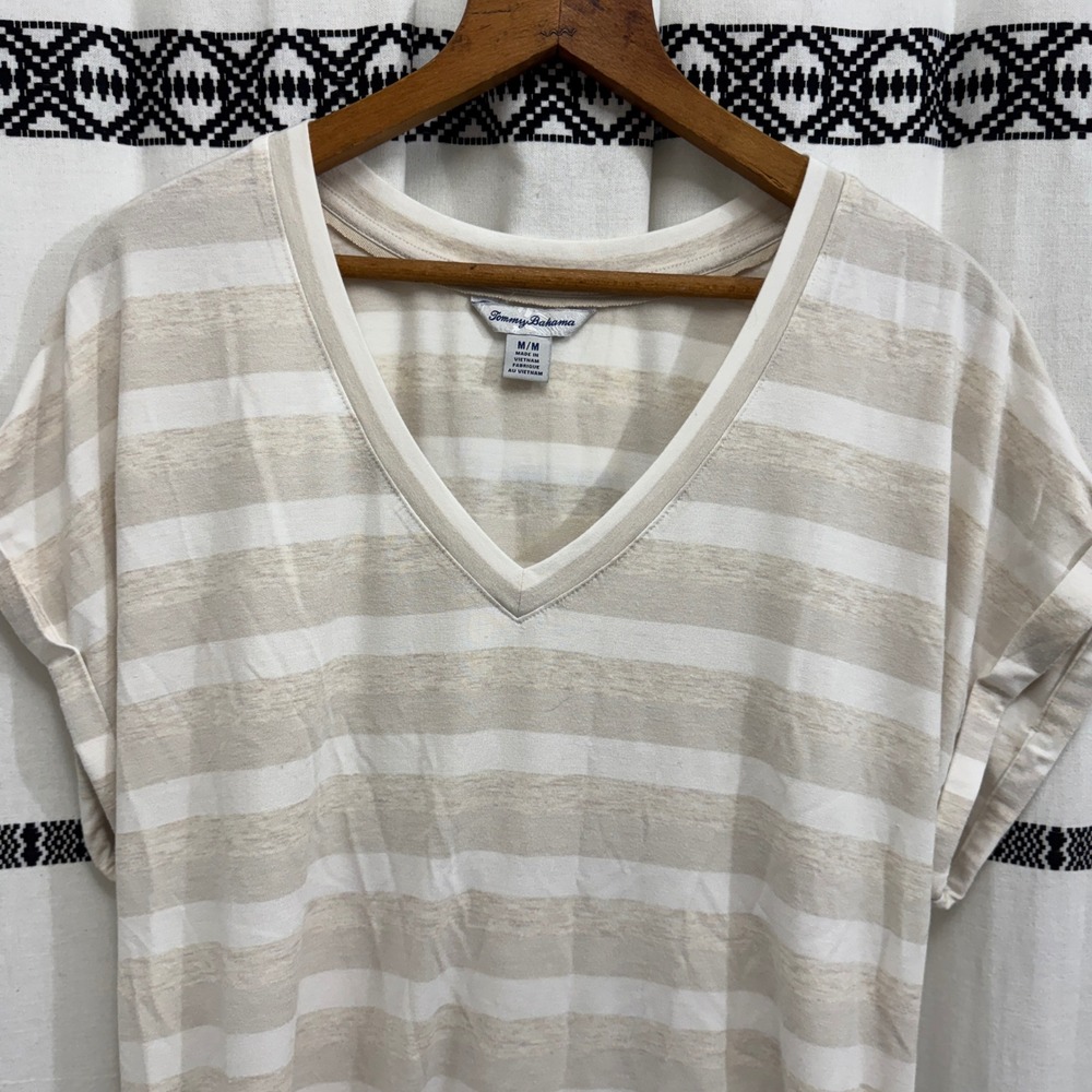 Tommy Bahama Women's Striped V-Neck Short Sleeve Tee Beige White Medium M - Picture 5 of 6